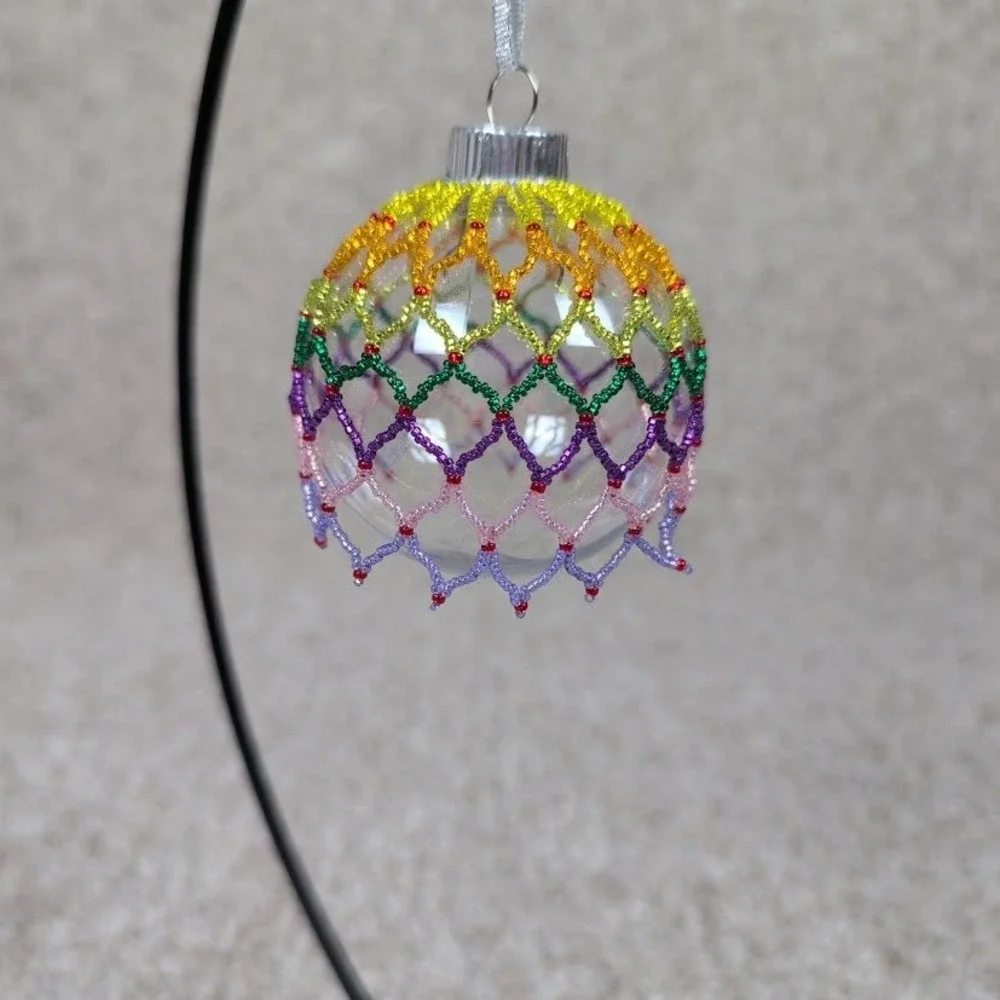 Handmade Beaded Sparkle Medley‎ Silver Ribbon Christmas Ornament Ball Holiday